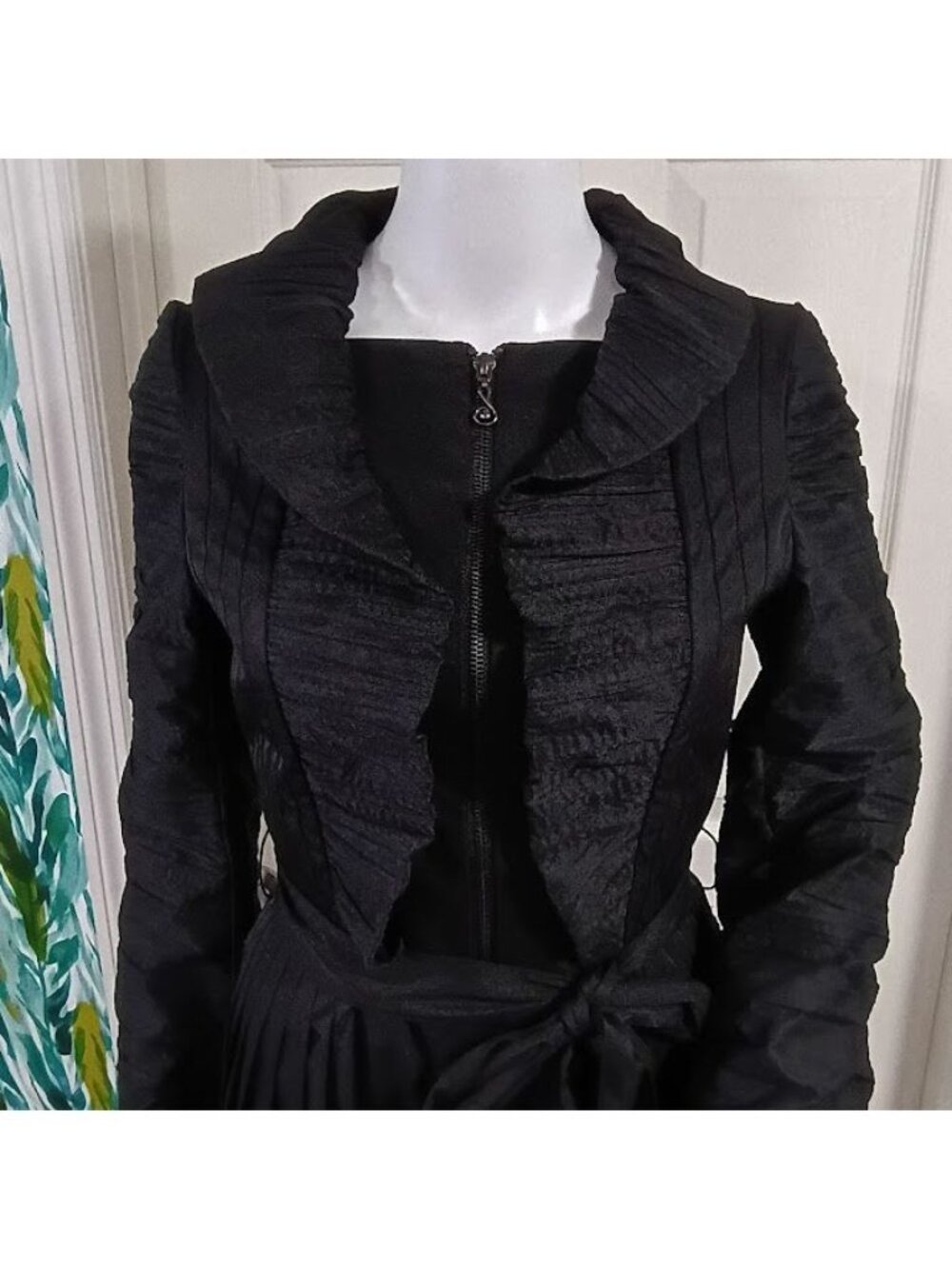 Samuel Dong Black Ruffle Front Long Coat Dress S  Pleated Skirt By Samuel Dong - Picture 14 of 16